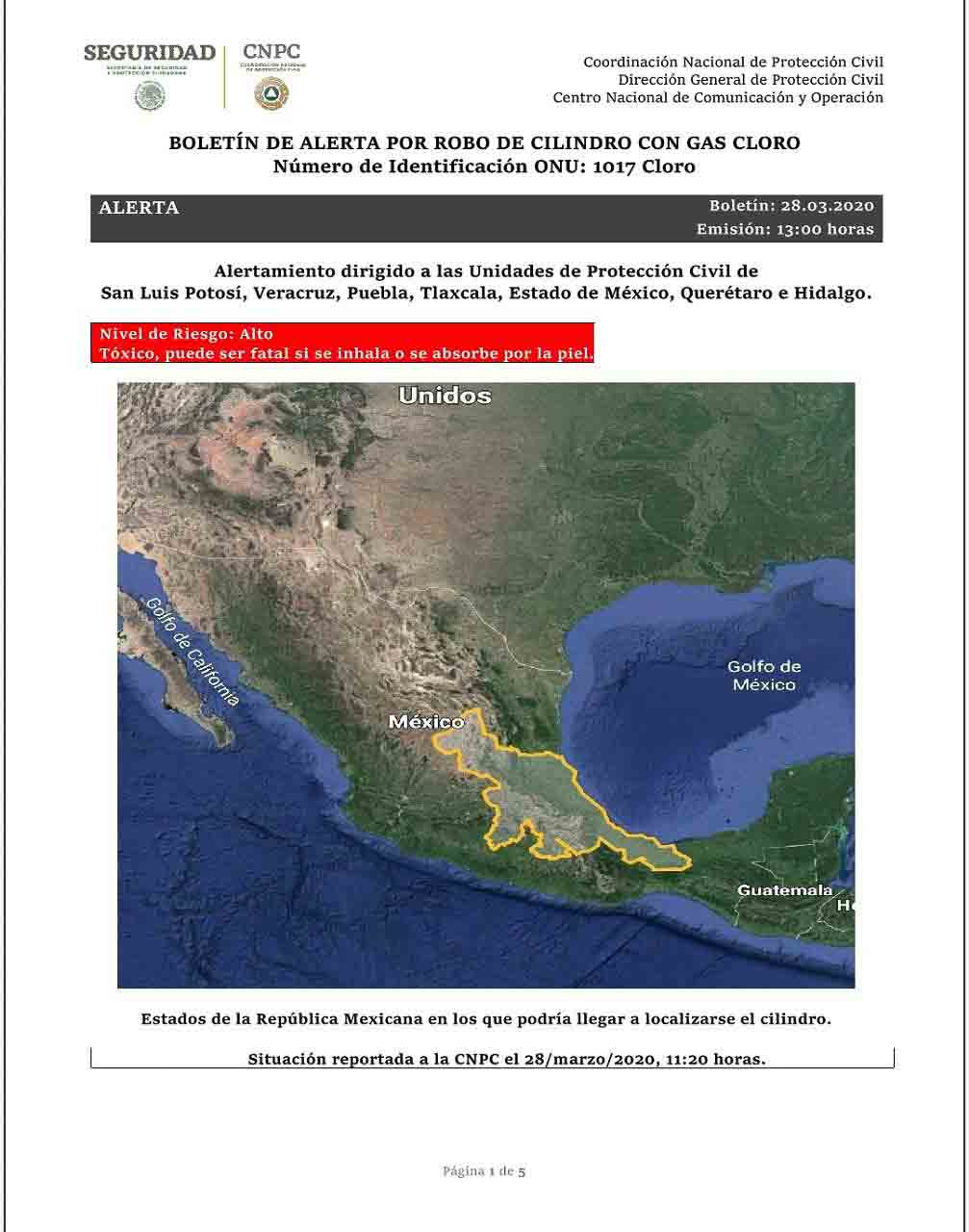 CNPC alerta a Veracruz y 6 estados mas por robo de tanques con químico tóxico de gas cloro