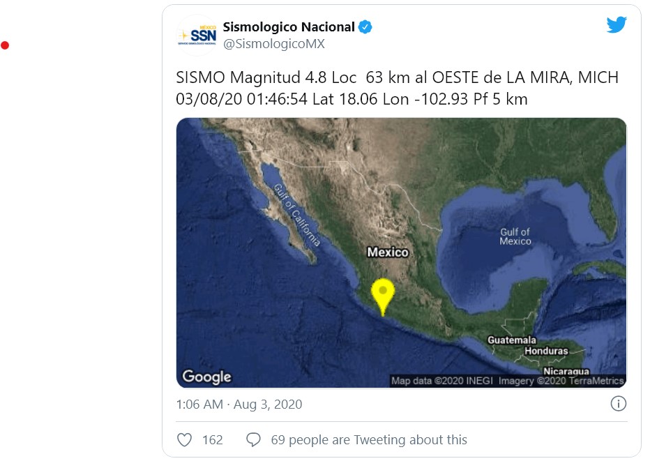 Registran sismo de 4.8 grados en La Mira estado de Michoacán
