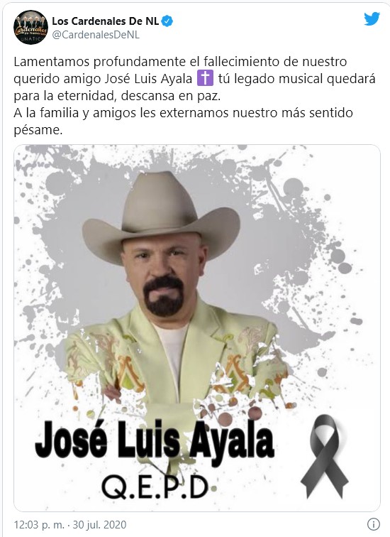 Murió José Luis Ayala de Los Bravos del Norte debido a COVID 19 tuit