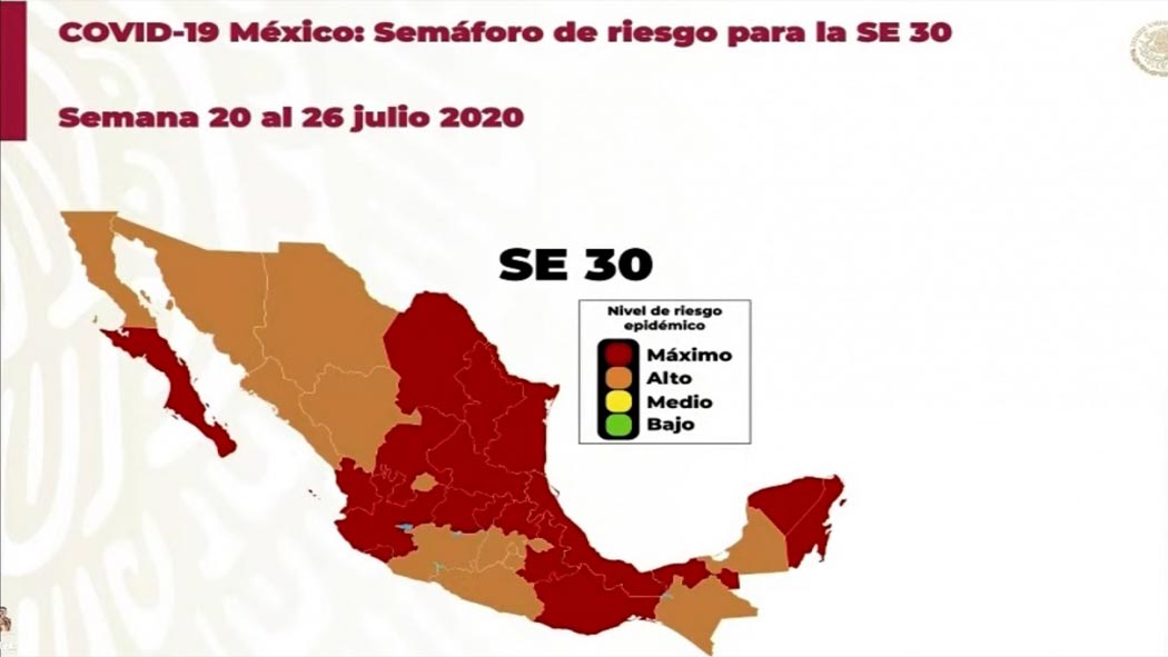 El subsecretario de Prevención y Promoción de la Salud, Hugo López-Gatell, informó que para la semana del 20 al 26 de julio, 18 entidades estarán en color rojo y 14 en naranja del semáforo que mide el riesgo de COVID-19 por regiones.