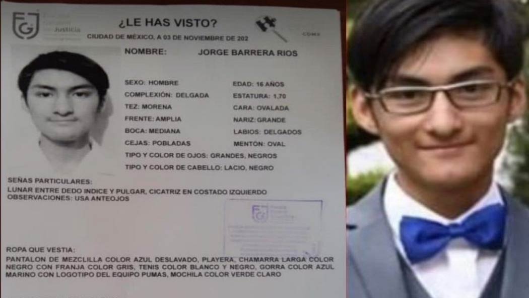 El estudiante Jorge Barrera Ríos, de 16 años de edad, de la Escuela Nacional Preparatoria número 5 de la UNAM que había estado desaparecido desde el 26 de octubre, ya fue localizado.
