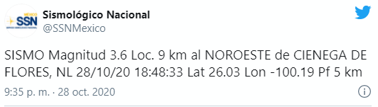 Sismo de magnitud 3.6 en el municipio de Ciénega de Flores Nuevo León