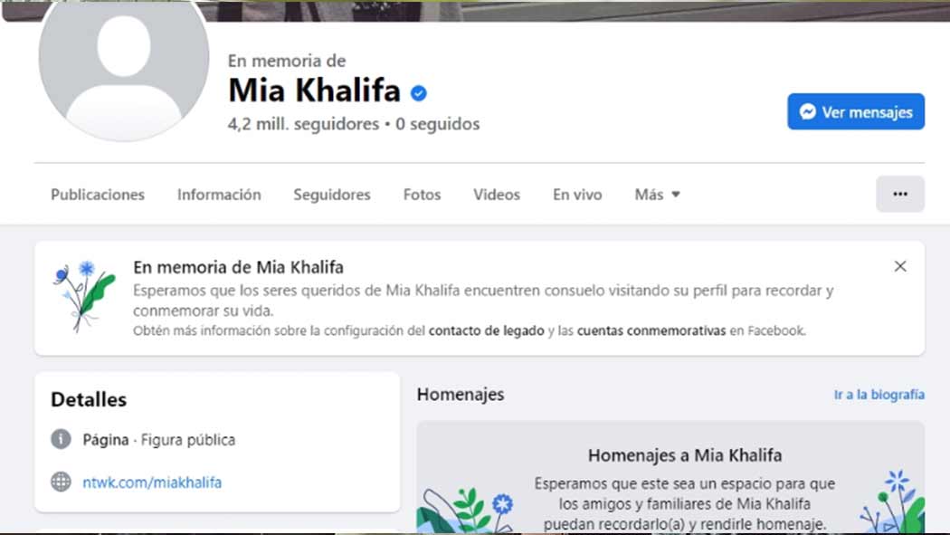 Usuarios en redes sociales, han reportado que su perfil de Facebook ya no existe y tiene la leyenda «En memoria de Mia Khalifa»